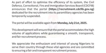 CDCFIB Suspends Recruitment Portal, Announces New Date for Application Resumption