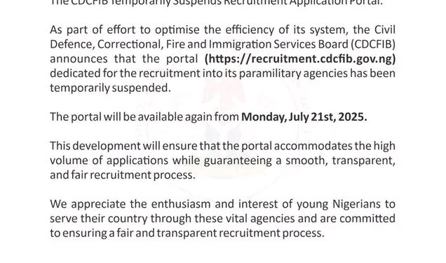 CDCFIB Suspends Recruitment Portal, Announces New Date for Application Resumption