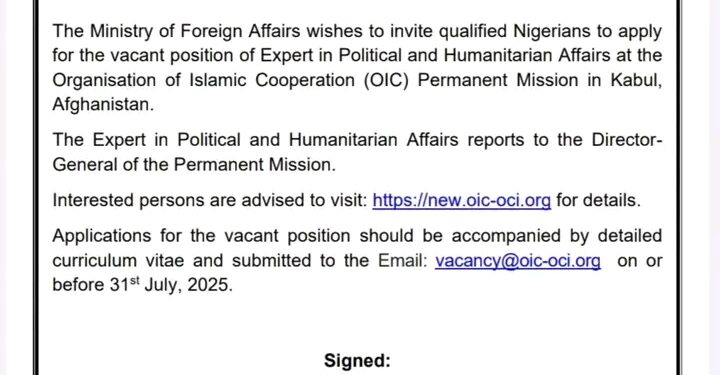 Apply for OIC Expert Position in Kabul, FG Tells Nigerians