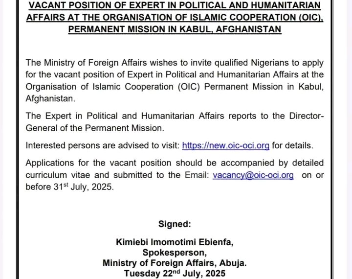 Apply for OIC Expert Position in Kabul, FG Tells Nigerians