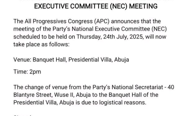 NEC Meeting: APC Shifts Venue to Villa, Reschedules Time