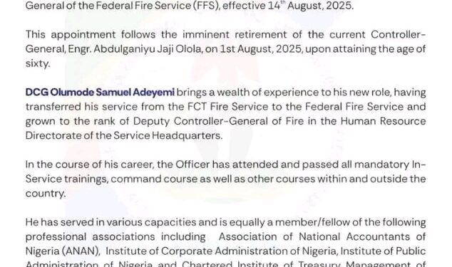 Tinubu Approves Appointment of New Federal Fire Service Boss