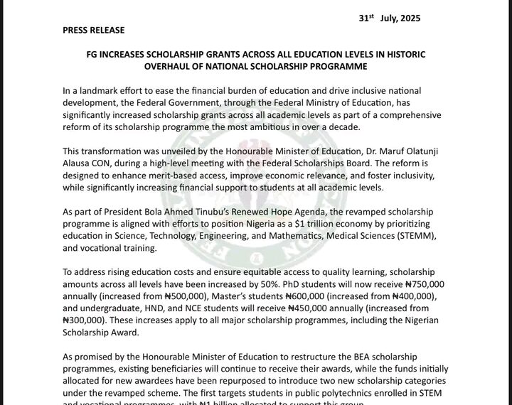 Federal Government Expands Scholarship Coverage, Introduces Two New Categories