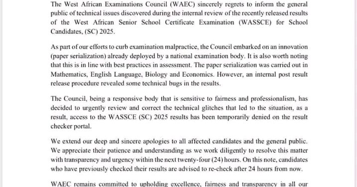 WAEC Temporarily Withdraws 2025 WASSCE Results Over Technical Error