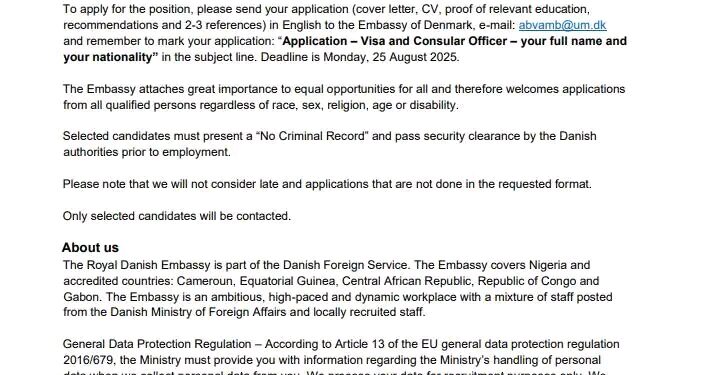 Danish Embassy in Nigeria Announces Recruitment for Key Role