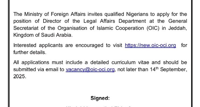 Federal Government of Nigeria Announces Job Opening at OIC Secretariat in Saudi Arabia