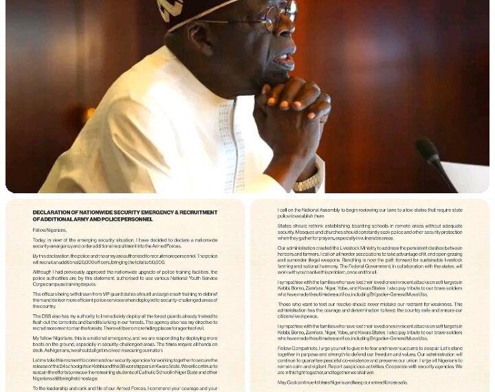 JUST IN: Tinubu Endorses State Police, Orders Massive Security Recruitment