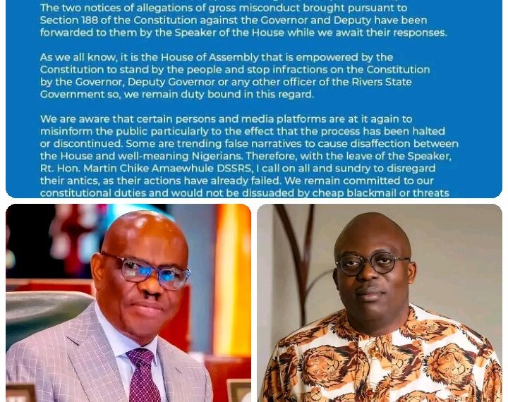 Rivers Lawmakers Insist Impeachment of Fubara, Odu Is Ongoing