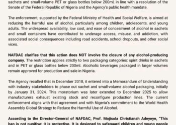 Sales Banned, Production Continues as NAFDAC Acts on Sachet Alcohol
