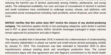Sales Banned, Production Continues as NAFDAC Acts on Sachet Alcohol