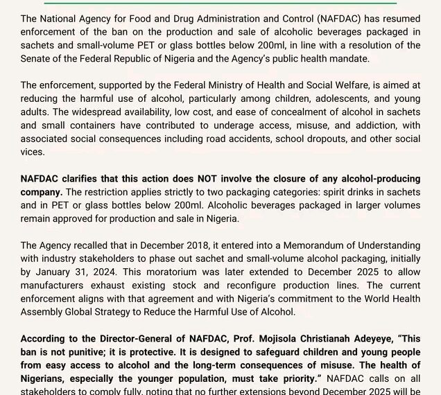 Sales Banned, Production Continues as NAFDAC Acts on Sachet Alcohol