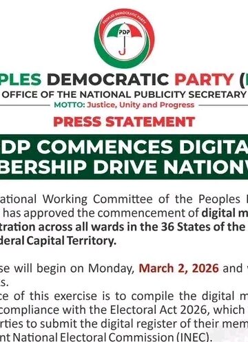 Ahead of 2027 Polls, PDP Kicks Off Massive E-Membership Registration