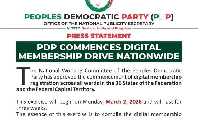 Ahead of 2027 Polls, PDP Kicks Off Massive E-Membership Registration