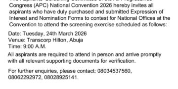 APC Fixes Date for Aspirants’ Screening Ahead of 2026 Convention