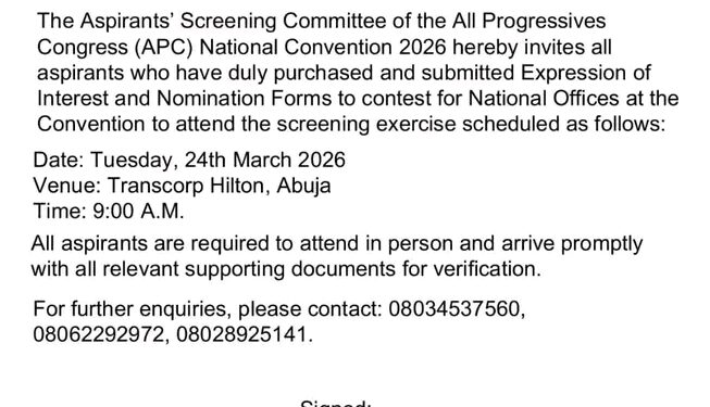 APC Fixes Date for Aspirants’ Screening Ahead of 2026 Convention