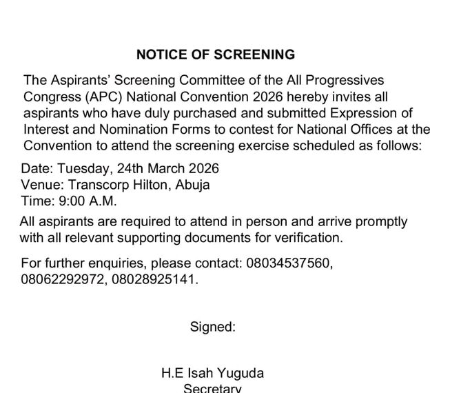 APC Fixes Date for Aspirants’ Screening Ahead of 2026 Convention